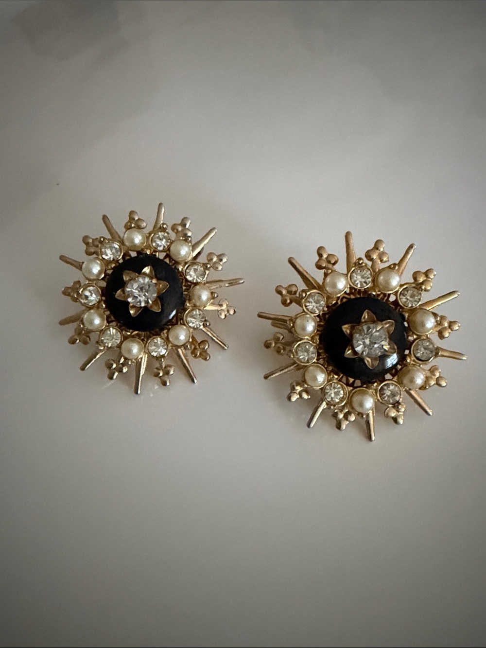 Emmons Clip On Earrings Vintage Faux Pearl & Rhinestone Starburst Star Goldtone
